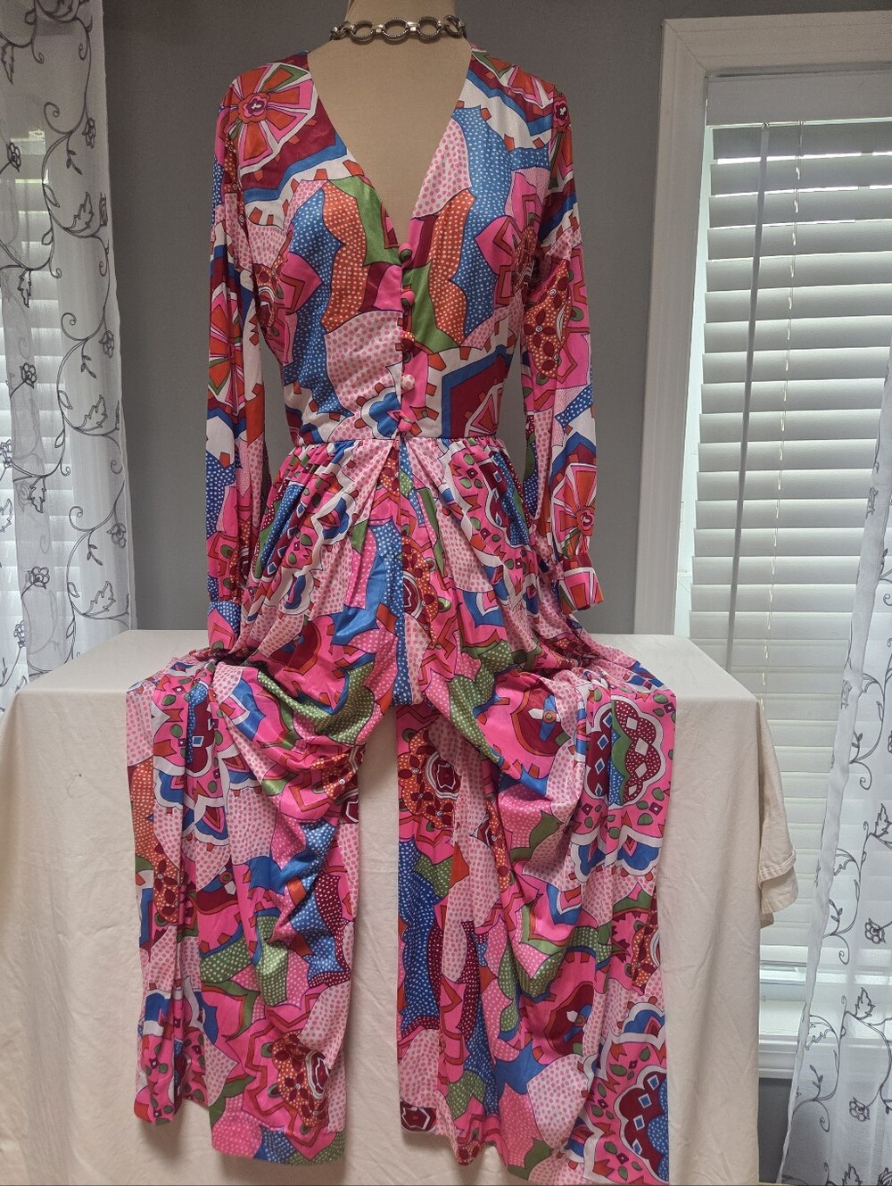 Vintage Vanity Fair Nylon Wide Leg Romper Jumpsuit Pink Psychedelic 70s